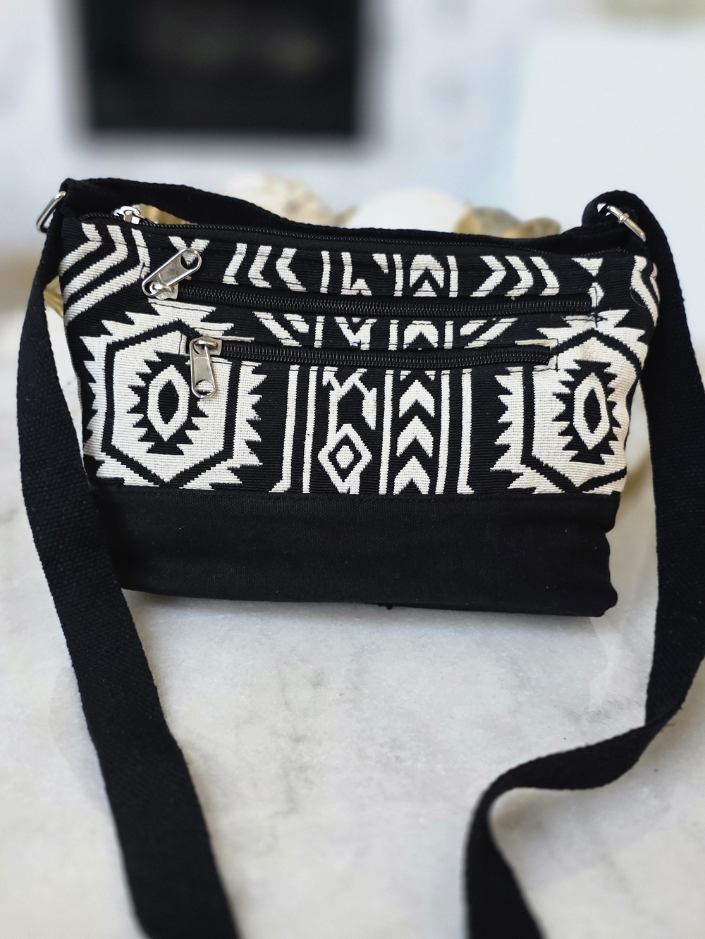 Black and White Aztec Print Woven Crossbody Bag